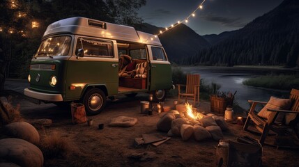 Camper van parked next to a camp fire