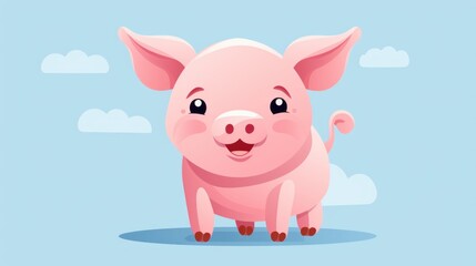 Cute pink pig standing in a picturesque farm against a vibrant blue sky