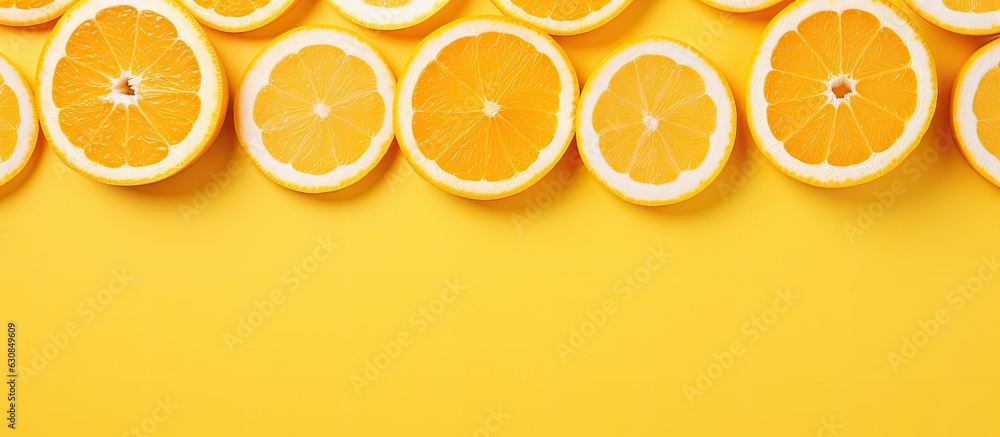 Poster creative summer concept with a fruit pattern of fresh orange slices on a yellow background. The top view provides a minimal flat lay style with half of a citrus fruit in the center. The design is