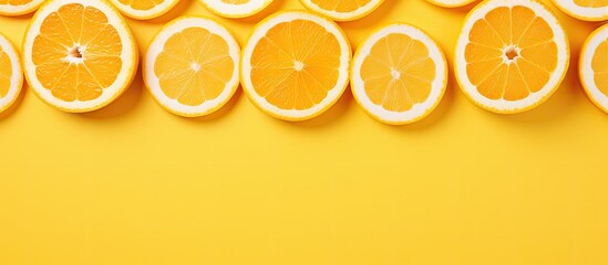 creative summer concept with a fruit pattern of fresh orange slices on a yellow background. The top view provides a minimal flat lay style with half of a citrus fruit in the center. The design is