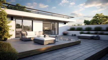 Fototapeta premium Cozy outdoor patio with a comfortable couch and a stylish table
