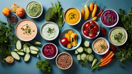 Table filled with a variety of delicious food bowls - obrazy, fototapety, plakaty