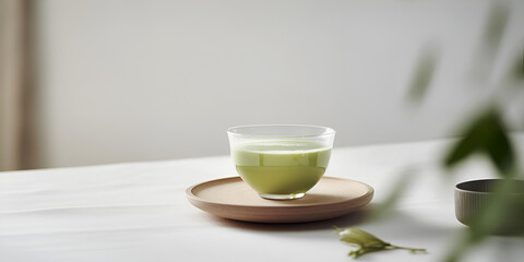 Glass cup with traditional Japanese green colored matcha tea served on table
