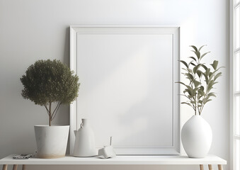 Blank picture frame on white wall with plants