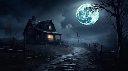 Dark halloween house with moon Generative AI