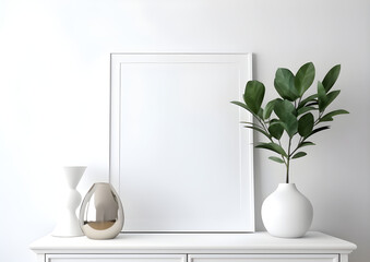 Blank picture frame on white wall with plants