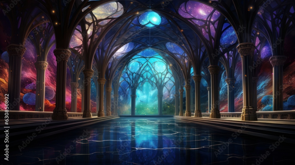 Poster cathedral with floating arches creating a surreal and ethereal atmosphere.