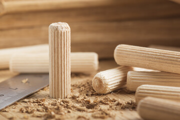 hole in wooden oak board for wooden dowel. carpentry industry.