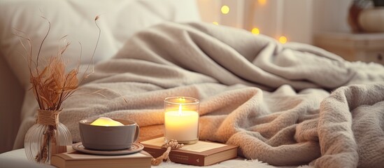 A comfortable home with a cup of coffee, candles, blanket, and book. A hygge home interior or relaxation concept. Banner with copy space.