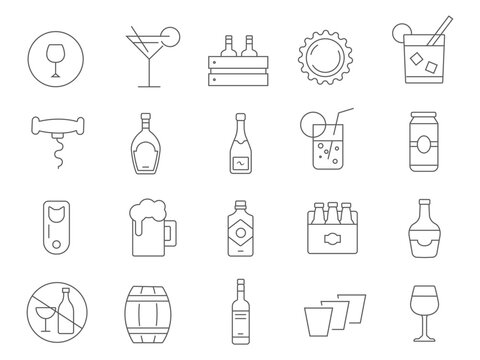 Alcohol. A set of icons. Linear style. Vector image.