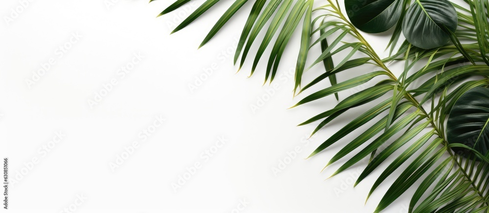 Poster tropical palm leaves placed on a white background, representing the summer concept. is taken from a 