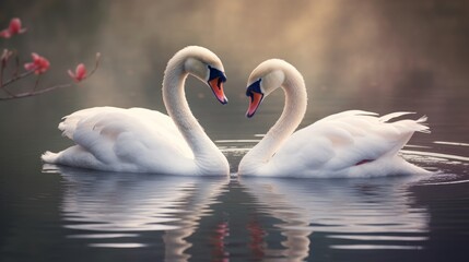 Two swans forming a heart shape in the water