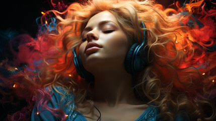 Fototapeta premium beautiful girl in headphones with closed eyes listens to music photo