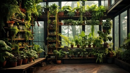Fototapeta na wymiar Room filled with lush greenery and potted plants