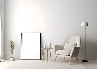 Blank picture frame on white wall with chair