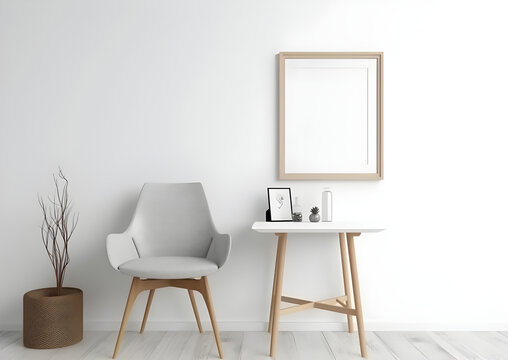 Blank picture frame on white wall with chair