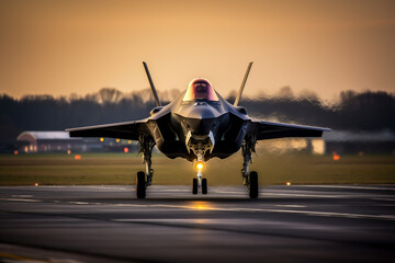 Fototapeta na wymiar Lockheed Martin F-35 Lightning fighter maneuvers on the runway, on the airfield of the airfield. AI generated.