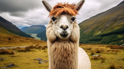 Llama with red hair standing in a field