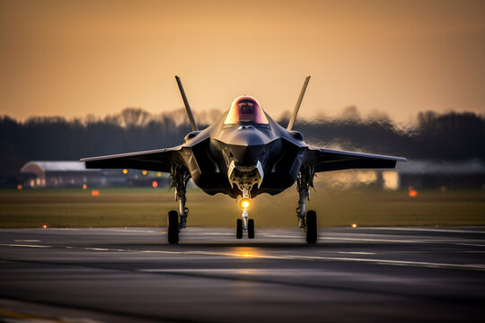 Military aircraft maneuvers on the runway, on the airfield. AI generated.