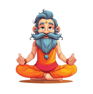 Yoga Instructor Cartoon Illustration, Yoga Mascot Character, Indian Saint Yoga Guru, Yoga Teacher 