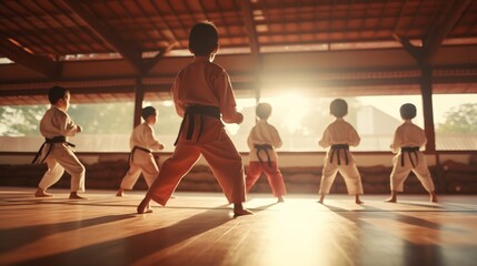 People practicing karate in a gym