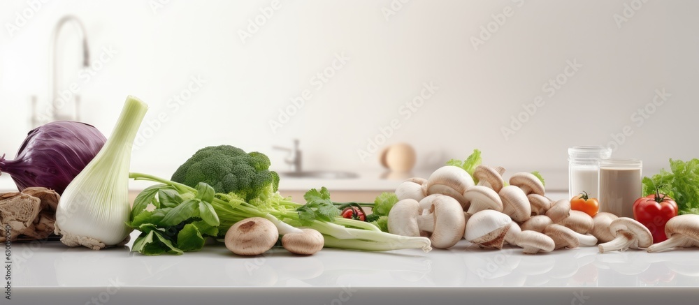 Poster fresh vegetables and mushrooms placed on a white table in a modern kitchen. text can be added.