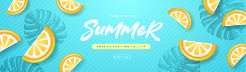 Top view summer big sale  banner with tropic leaves and lemon. Summertime background. Vector illustration