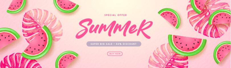 Summer sale poster with slices of watermelon and tropic leaves. Summer background. Vector illustration