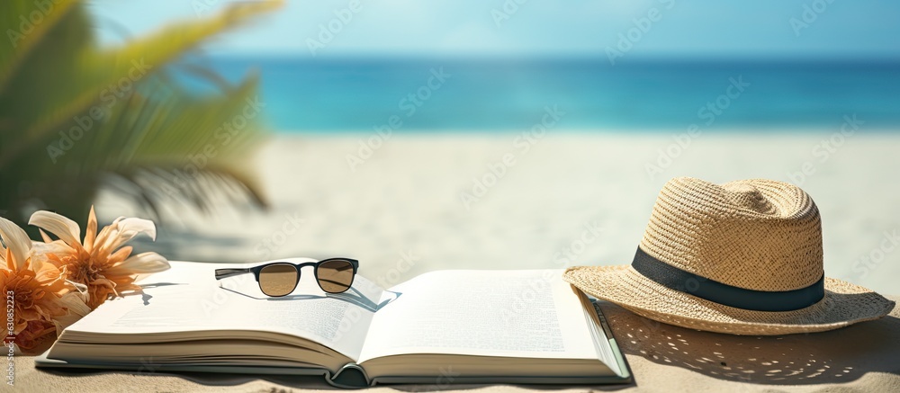 Poster A blank writing book is placed on a background with summer beach accessories. copy space available in the image.