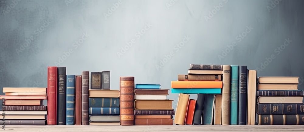 Aufkleber A bookshelf banner featuring a stack of books with bookmarks, providing ample copy space for advertising text.