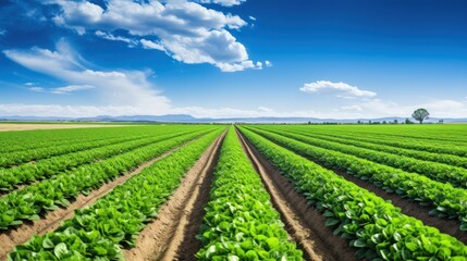 Fototapeta na wymiar Vast green field with rows of crops under a clear blue sky on a farm