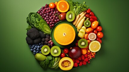 Colorful display of fruits and vegetables on a vibrant green background
