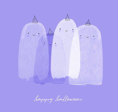 Cute Hand Drawn Halloween Illustration with Group of Little White Ghosts on a Violet Background. Happy Halloween. Hand Painted Art with Kawaii Style Ghosts ideal for Card, Poster, Banner.