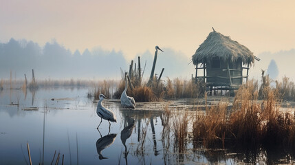 a birdwatching hideout in a wetland, various bird species like herons, ducks, and swans in the water, calm atmosphere, misty morning