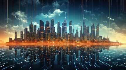 Futuristic cityscape with towering skyscrapers in the background