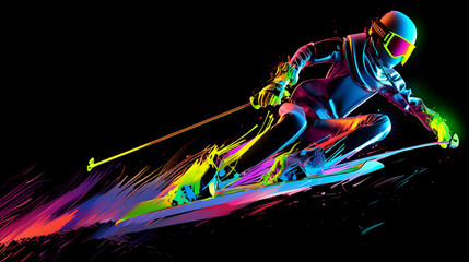 Futuristic 3D render of a freestyle skier mid - jump, neon color trails following the motion, dark background, high contrast, glossy finish - obrazy, fototapety, plakaty