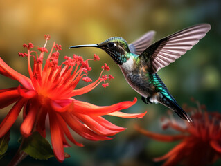 Fototapeta premium a hummingbird hovering in mid - air, sipping nectar from a vibrant red flower, wings in motion, vivid colors, detailed textures