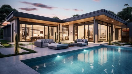 Contemporary house with a stunning pool in the foreground - obrazy, fototapety, plakaty
