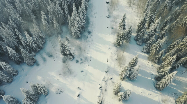 Aerial shot of a cross - country skiing track through a snow - covered forest, bird’s - eye view, oil painting style, emphasis on the textures and snow patterns, calming palette of whites and greens