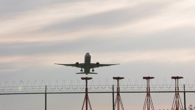 Aircraft taking off runway, airplane departing, air travel, trip, airline industry, sunny sky, YVR. 4K 24FPS