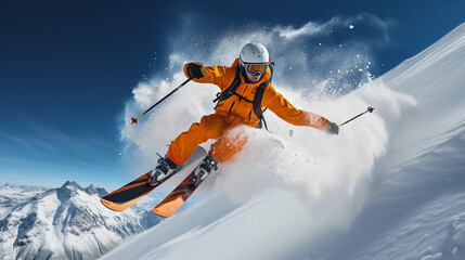 a professional skier in mid - jump, captured in 4K, powder snow flying off the skis, bright, crisp day on a mountainside, focused and determined expression