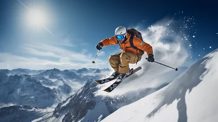 Foto op Plexiglas a professional skier in mid - jump, captured in 4K, powder snow flying off the skis, bright, crisp day on a mountainside, focused and determined expression © Marco Attano