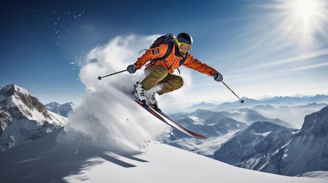a professional skier in mid - jump, captured in 4K, powder snow flying off the skis, bright, crisp day on a mountainside, focused and determined expression