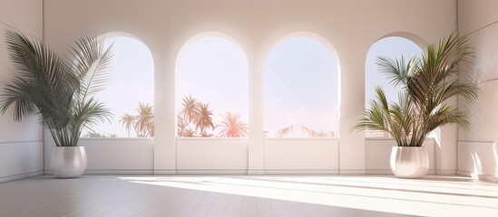 A white studio background is used for presenting products, with an empty room featuring shadows of windows, flowers, and palm leaves. The 3D room has space for adding content. The blurred background