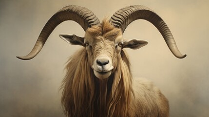 Obraz premium Majestic goat with long horns standing in a room