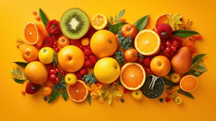 Colorful assortment of fruits arranged on a vibrant yellow background