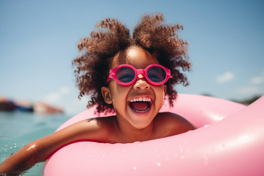 black little girl with sunglasses having fun and laughing floating in a pink pool float in a blue swimming pool