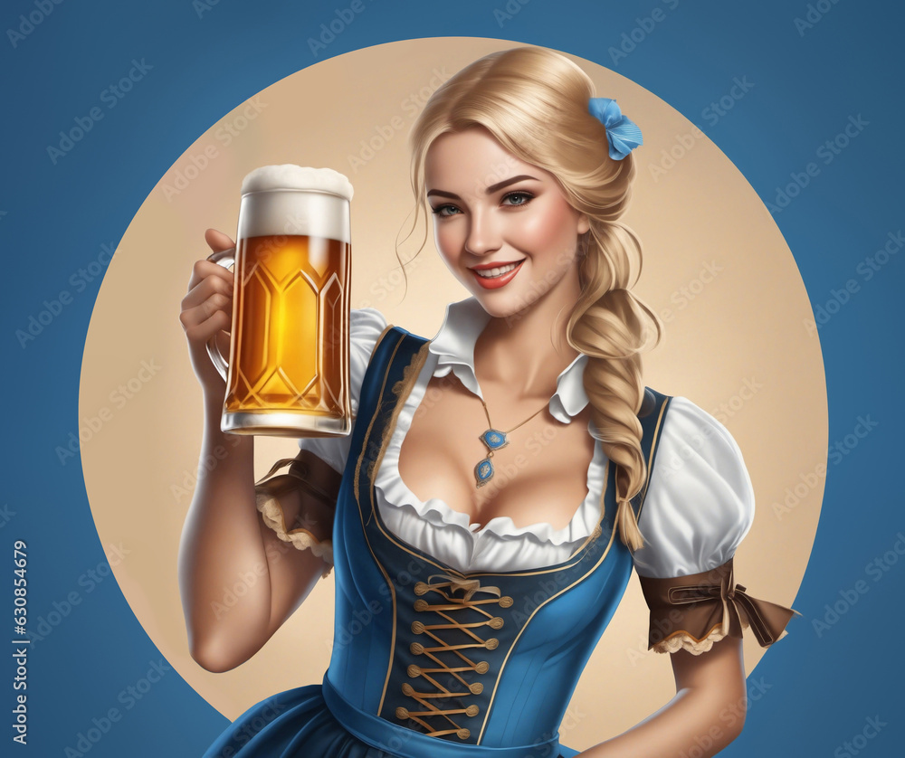 Wall mural Young Oktoberfest waitress, wearing a traditional Bavarian dress, serving beer, created with Generative AI technology