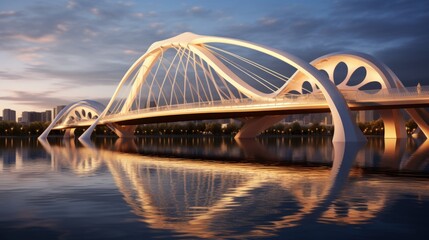Obraz premium Reflection of an iconic bridge with sculptural elements during the blue hour.