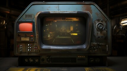 Retrofuturistic handheld device monitor screen in a dieselpunk environment tech design